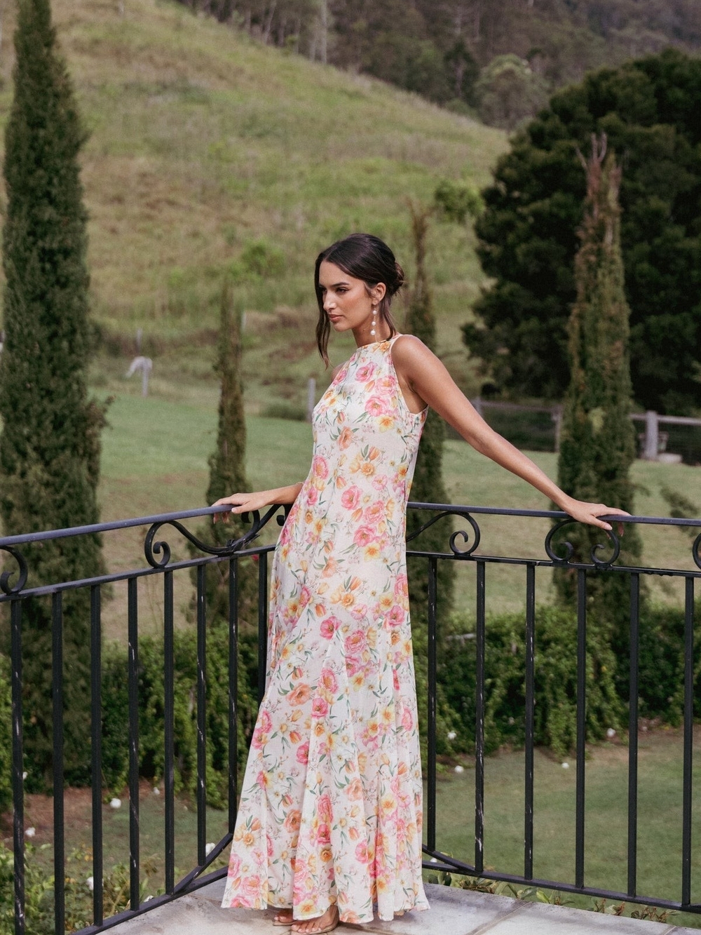 Floral Halter Maxi Dress in Cream and Pink